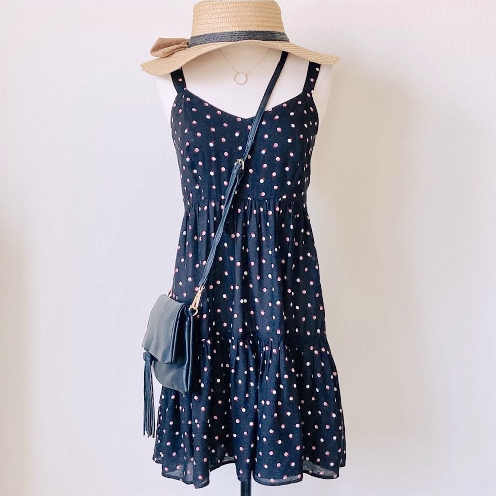 Polka Dot Print Tiered Hem Mini Sundress Vneck in Black